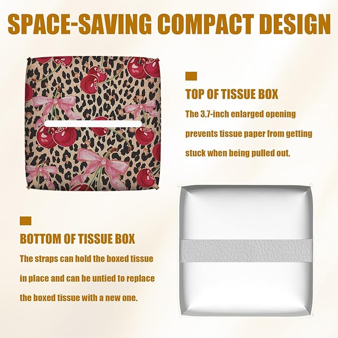 Pink Cherry Bow Tissue Box Cover 2PCS, Leopard Leather Tissue Box Holder Square Facial Paper Case Tissue Box Cube Organizer for Bathroom Bedroom Desk Office