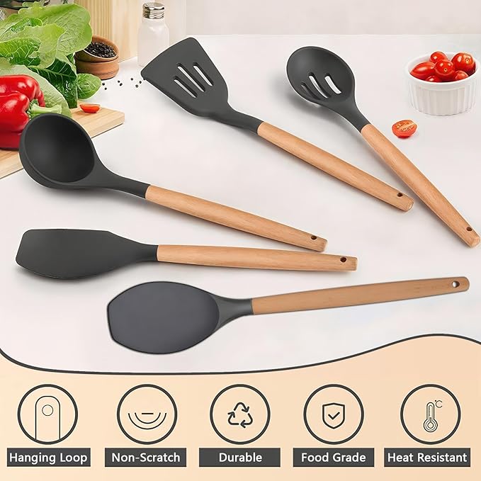 IOCBYHZ Silicone Cooking Utensils Set 5-Piece Non-Stick Kitchen Utensil Set, Wood Handle Heat Resistant Spatula Spoon Turner Soup Ladle Silicone Cooking Kitchen Gadgets BPA Free for Nonstick Cookware