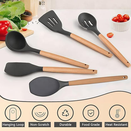 IOCBYHZ Silicone Cooking Utensils Set 5-Piece Non-Stick Kitchen Utensil Set, Wood Handle Heat Resistant Spatula Spoon Turner Soup Ladle Silicone Cooking Kitchen Gadgets BPA Free for Nonstick Cookware