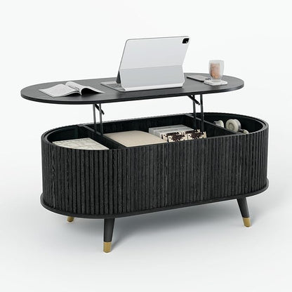 42.5" Oval Lift Top Coffee Table with Storage, Mid Century Modern Black Center Table with Fluted Panel, Solid Wood Legs & Hidden Compartment for Living Room