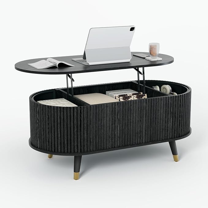 SULIVES Oval Coffee Table with Storage, Multifunctional Coffee Table with Lifting Top, Small Fluted Center Table for Living Room, Black