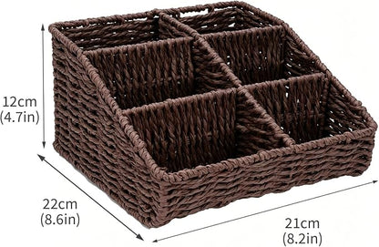 Makeup Organizer, Hand-woven Wicker Basket for Dresser Vanity and Bathroom Countertop, 6 Compartment Skincare Organizer Cosmetic Display Case, Beauty Holder for Lipstick Brush Eyeshadow - Brown