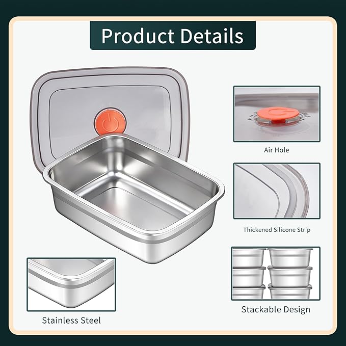 10 Pack Stainless Steel Food Storage Containers with Leak-Proof Lids, 37oz Reusable Metal Meal Prep Lunch Boxes, Stackable, Dishwasher Safe for Snacks, Fruits & On-the-Go Meals, BPA-Free