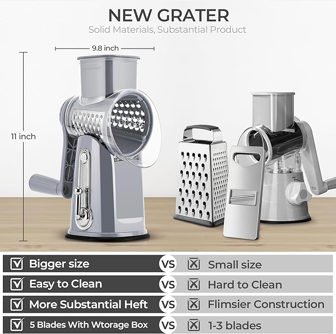 SUSTEAS Rotary Cheese Grater with Handle - Vegetable Shredder with 5 Well-designed Blades & Strong Suction Base,Round Mandoline Slicer & Food Chopper for Kitchen,with Blade Storage Box(Gray)