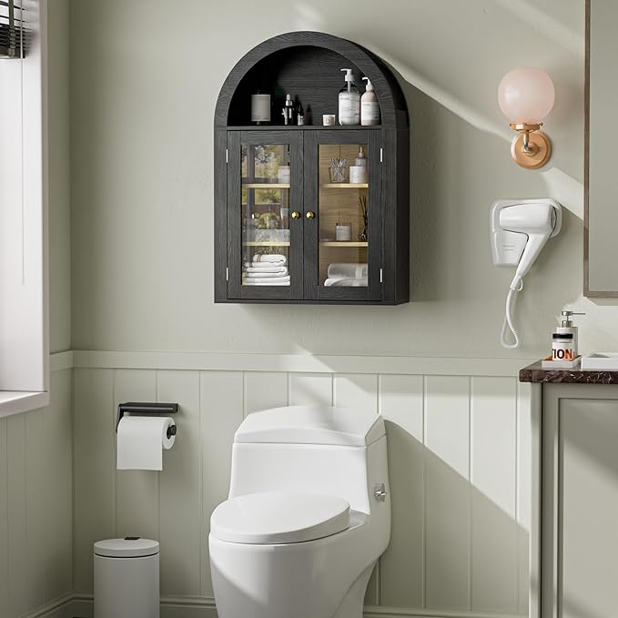 BREEZEHEAT Bathroom Medicine Cabinet Wall Mount-Over The Toilet Storage Cabinet-Arched Wall Cabinet with Glass Doors & Adjustable Shelves, Wood Cabinet for Laundry Room, Kitchen, Living Room, Black