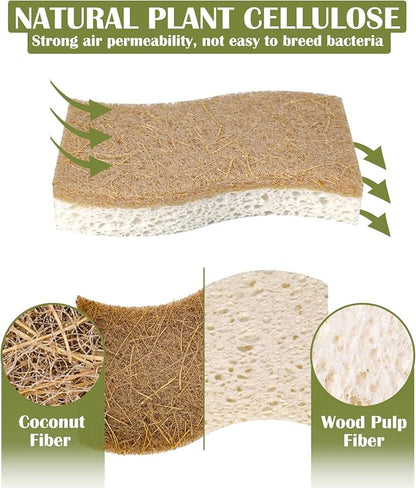 DEBETOOL 14Pack Natural Kitchen Sponge, Eco-Friendly Dish Sponge for Kitchen - Biodegradable Cellulose and Coconut Scrubber - Household Cleaning Sponge for Dishes, White