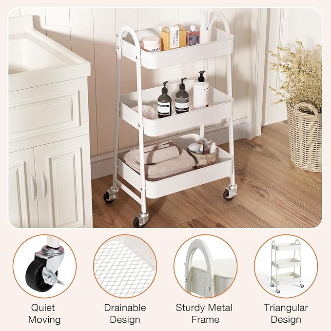 NEWBULIG 3-Tier Metal Rolling Storage Cart, Heavy Duty Mobile Utility Organizer Shelf with Lockable Wheels, Multifunctional Trolley for Daily Supplies, Home Indoor Daily Use, White