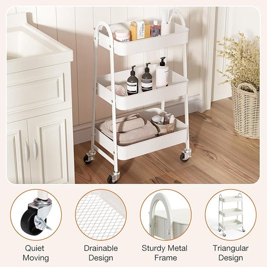 NEWBULIG 3-Tier Metal Rolling Storage Cart, Heavy Duty Mobile Utility Organizer Shelf with Lockable Wheels, Multifunctional Trolley for Daily Supplies, Home Indoor Daily Use, White