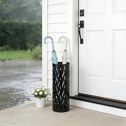 Umbrella Holder, Metal Umbrella Stand for Entryway, Umbrella Storage Rack with 4 Hooks Decor, Home, Office,5.8 × 5.8 × 16.4 (Black)