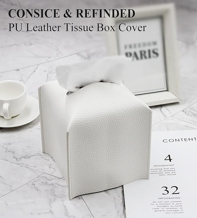 Livelab Tissue Box Cover, Square Decorative PU Leather Tissue Box Holder Modern Tissue Case Facial Paper Organizer Dispenser for Bathroom, Vanity Countertop, Night Stands, Desk 5X5X5'' | Off White