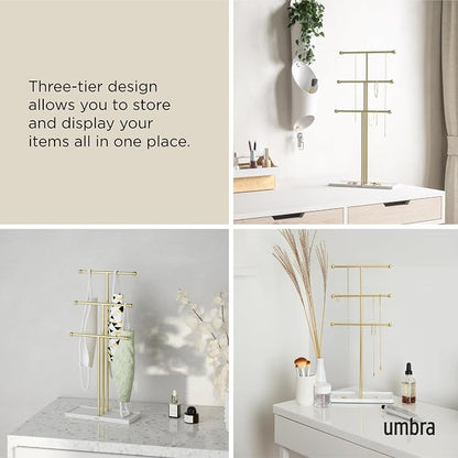 Umbra Trigem Hanging Jewelry Organizer Tiered Tabletop Free Standing Necklace Holder Display, White/Gold
