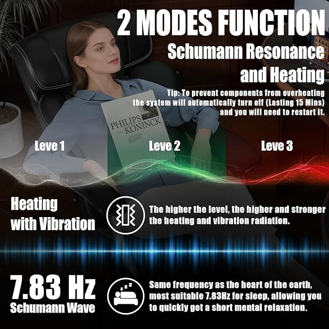 Executive Big and Tall Office Chair with 7.83Hz Schumann Resonance Sleep Aid & Heating Stress Relief Heavy Duty Metal Base Desk Chair, Silent Rubber Wheels, Thick and Wide Cushion, Black
