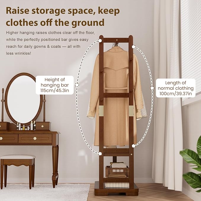 Solid Wood Clothes Rack Coat Rack with 2 Shelves & 4 Hooks for Hanging Clothes Garment Wallets Hats, Clothing Rack Coat Rack Freestanding Hall Tree with Storage for Hallway Bedroom Living Room