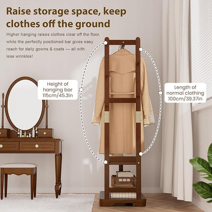 Solid Wood Clothes Rack Coat Rack with 2 Shelves & 4 Hooks for Hanging Clothes Garment Wallets Hats, Clothing Rack Coat Rack Freestanding Hall Tree with Storage for Hallway Bedroom Living Room