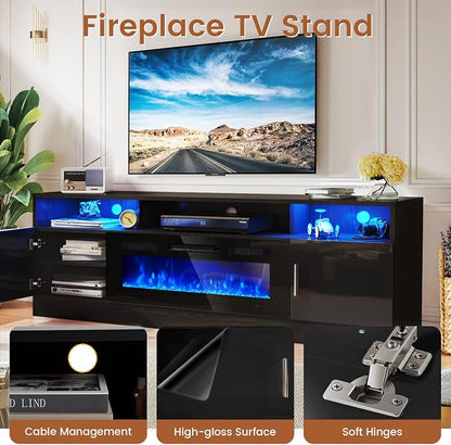 MXV 78" Fireplace TV Stand with Power Outlet for TVs UP to 90", Electric Fireplace Entertainment Center with LED Lights & Storage Cabinets, TV Console for Living Room, Office, Black-Black
