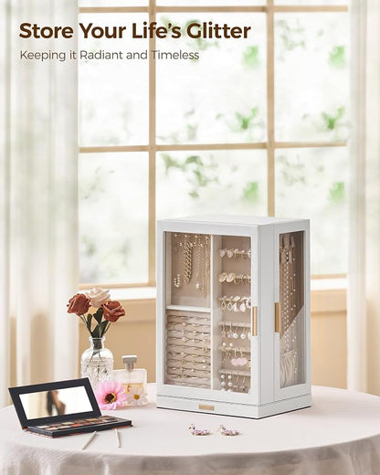 Glimmloop 360° Rotating Jewelry Box with 9 Drawers, Spacious Vertical Jewelry Organizer with Glass Window, Jewelry Storage Case, Dustproof & Moisture-resistant Design, White