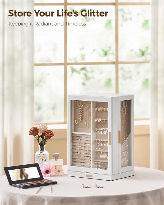 Glimmloop 360° Rotating Jewelry Box with 9 Drawers, Spacious Vertical Jewelry Organizer with Glass Window, Jewelry Storage Case, Dustproof & Moisture-resistant Design, White