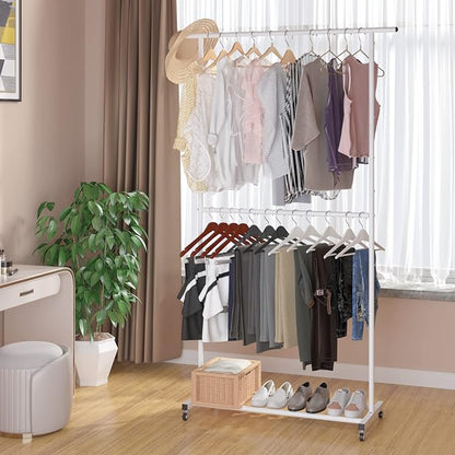 Sywhitta Double Rod Clothing Garment Rack, Rolling Clothes Organizer on Wheels for Hanging Clothes, Easy to Assemble, Adjustable, White