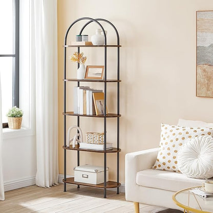 HOOBRO 5 Tier Open Bookshelf, Industrial Arched Bookcase Display Shelf Rack, Wooden Bookcase Storage Shelf Metal Frame, Tall Storage Organizer for Home, Easy Assembly, Rustic Brown BF176SJ01