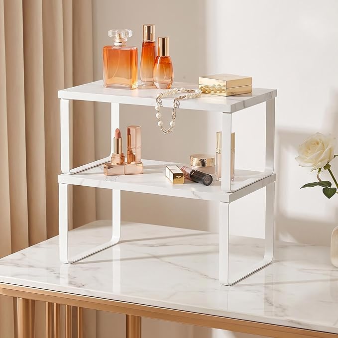 CADUKE Counter Shelf Set of 4 Kitchen Cabinet Shelf Organizer Stackable Expandable Countertop Shelf Organizer Spice Rack for Bathroom Pantry Racks,Metal and Engineered Wood, Marble White