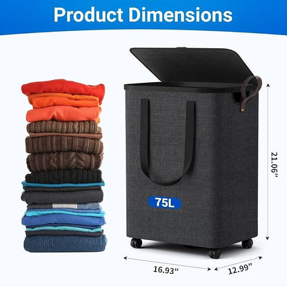 Laundry Basket with 5 Wheels, Tall Dirty Laundry Hamper, Rolling Laundry Basket with Lid, Collapsible Clothes Hamper for Bathroom Bedroom Dorm Laundry Room, Deep Gray, 75L
