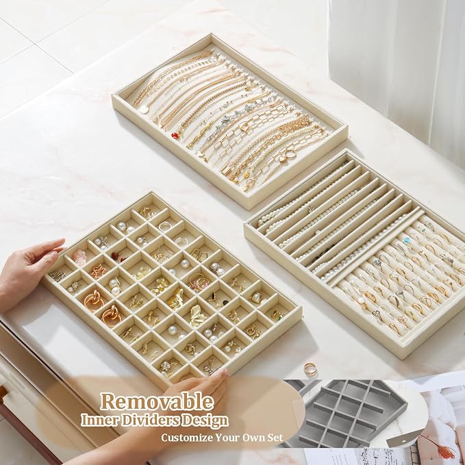 Large Velvet Jewelry Tray 2 Pack Stackable Jewelry Display Drawer Inserts Trays Organizer for Earring Bracelet Necklace Ring (Beige, 40 Grids)