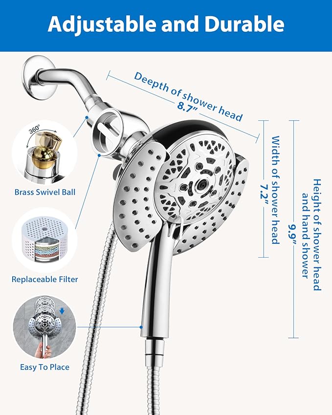 INAVAMZ Shower Head with Handheld High Pressure: Hand Held Shower Head & Rain Shower Head 2-IN-1 Shower Head with 59" Rotatable Stainless Steel Hose, Shower Trim Systems, Sliver 2.5 GPM 15391 Filter