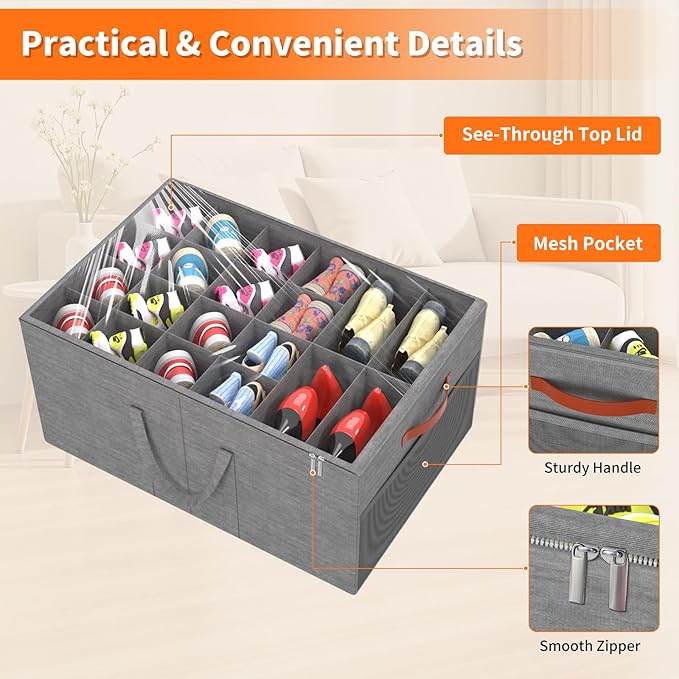 Aokeyee Shoe Organizer for Closet, 2 Pack Large Shoe Storage Box Fits up to 24-48 Pairs, Space Saving Foldable Shoes Organizer Bin w/Clear Cover and 4 Reinforced Handles, Grey