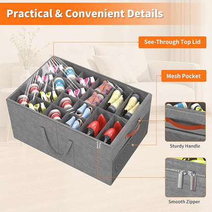 Aokeyee Shoe Organizer for Closet, 2 Pack Large Shoe Storage Box Fits up to 24-48 Pairs, Space Saving Foldable Shoes Organizer Bin w/Clear Cover and 4 Reinforced Handles, Grey