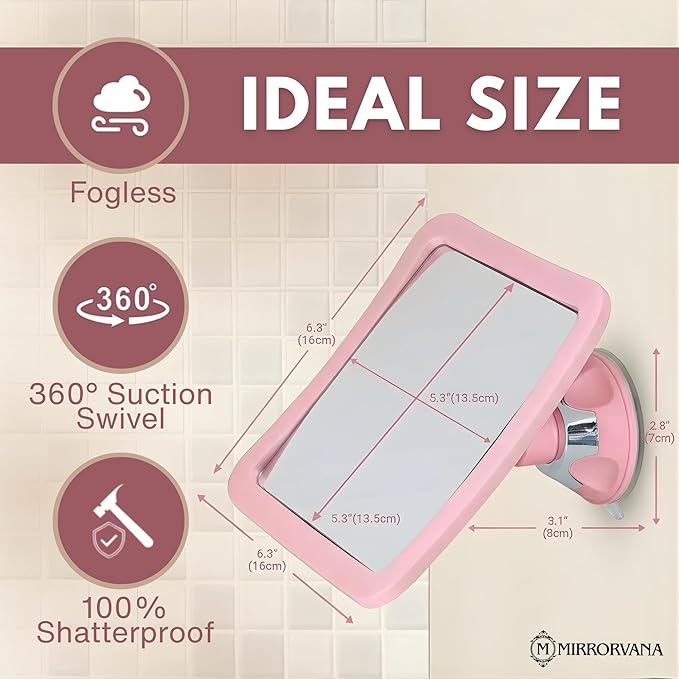 MIRRORVANA Fogless Shower Mirror for Skincare and Grooming, Anti Fog Shatterproof Design with Strong Suction and 360° Swivel, Women’s Beauty Routine Friendly Bathroom Mirror - 6.3" x 6.3" (Pink)