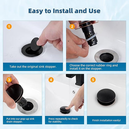 Hibbent Upgraded 3 in 1 Bathroom Sink Drain Strainer, Pop Up Sink Stopper with Big Push Cap, Anti-Clogging Metal Filter Basket,Sink Plug with Hair Catcher for 1.1''~2.36'' Basin, Oil-Rubbed Bronze