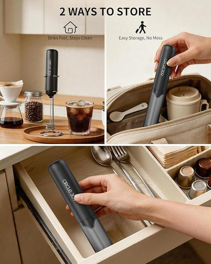 CIRCLE JOY Rechargeable Milk Frother Hanheld with Stand, Dual Coil Whisk Head Electric Coffee Frother, Portable Hand Frother Wand Drink Mixer for Matcha Lattes Cappuccino, Kitchen Gifts, Black