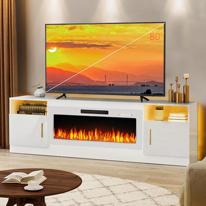 LEMBERI 70" TV Stand with 36" White Electric Fireplace, 750W/1500W Entertainment Center for TVs up to 80", 20-Color LED, 300lbs Max Capacity High Gloss Cabinet Console, All-White Style