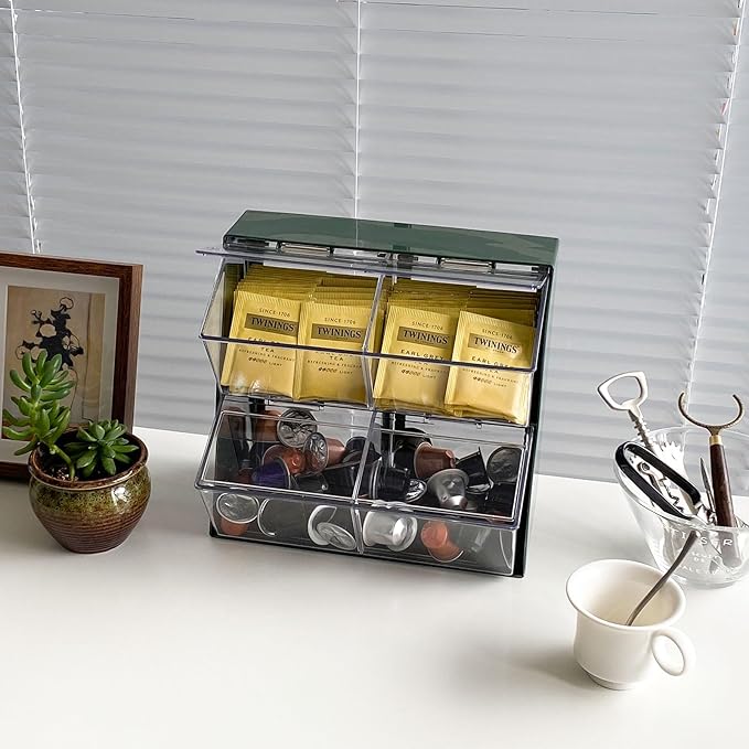Large Coffee and Tea Organizer with Lid, Plastic Creamer Holder for Coffee Bar, Coffee Accessories Storage Box for K Cups, Coffee Pod, Sugar Bags, Drinking Straw (White)