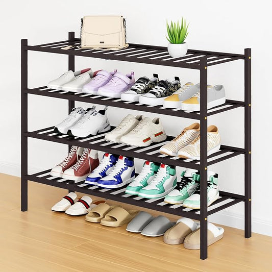 Smiry Long Bamboo Shoe Rack, 4 Tier Free Standing Wooden Shoe Organizer, Stackable Wood Shoe Storage Shelf for Closet, Entryway, 12 Vertical Slats, 2+2 Stack Standard Legs, 33.7"x11"x26", Brown