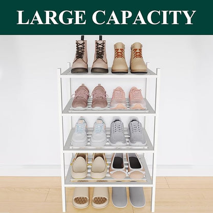 Smiry Small Bamboo Shoe Rack 4-Tier, Stackable Wooden Shoe Organizer for Entryway & Closet, Free Standing Wood Shoe Storage Shelf for Front Door & Small Spaces, White