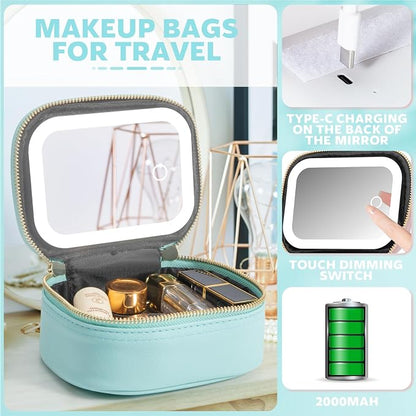 Mini Makeup Bag with Led Mirror, Small Travel Make up Bag 3 Light Modes Adjustable Brightness, for Women Organizer Cosmetic Bag, Portable Travel Train Toiletry Bag, for Pool Parties Work Touch-Ups