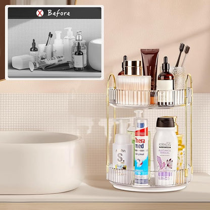 360 Rotating Makeup Organizer - Large Capacity Spinning Perfume & Cosmetic Skincare Holder for Countertop (Pearl White, 2 Tier)