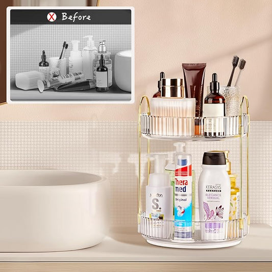 360 Rotating Makeup Organizer - Large Capacity Spinning Perfume & Cosmetic Skincare Holder for Countertop (Pearl White, 2 Tier)