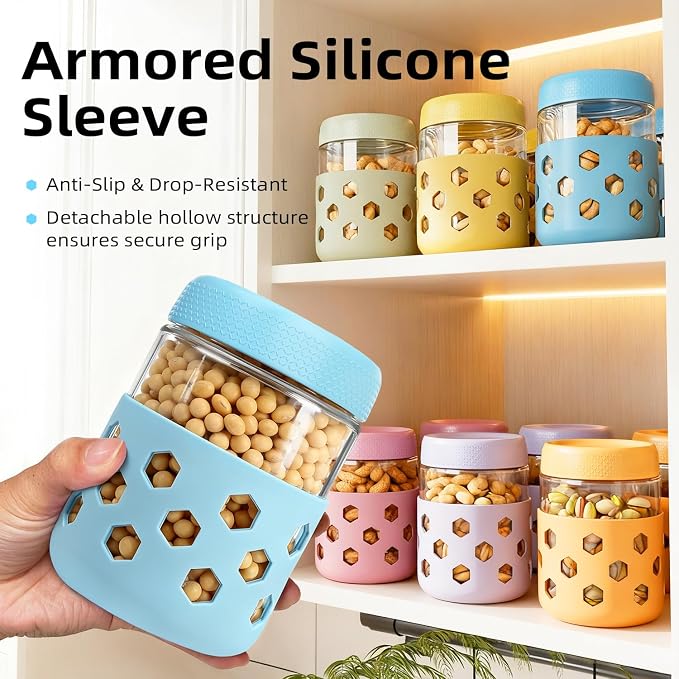 Overnight Oats Containers with Lids and Silicone Sleeve, 6 Pack Wide-Mouth Glass Food Storage Jars, 16oz Mason Jar Style Containers Perfect for Yogurt, Oatmeal, Fruit, Snacks and Meal Prep
