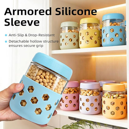 Overnight Oats Containers with Lids and Silicone Sleeve, 6 Pack Wide-Mouth Glass Food Storage Jars, 16oz Mason Jar Style Containers Perfect for Yogurt, Oatmeal, Fruit, Snacks and Meal Prep