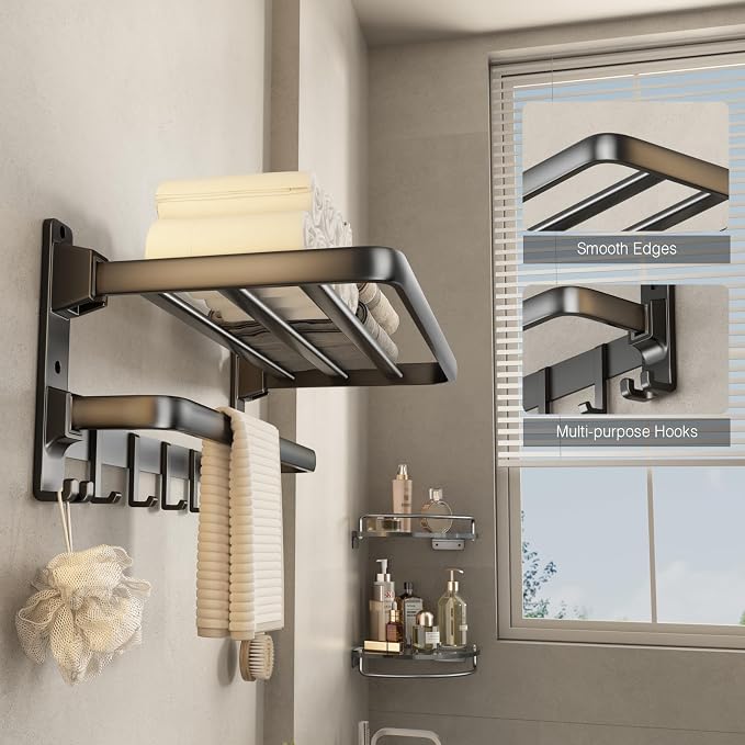 VOLDRA Towel Racks for Bathroom, 24-Inch Towel Shelf with Towel Bar Foldable Towel Holder with 7 Hooks Towel Storage Organizer for Bathroom & Lavatory Wall Mounted(Matte Black)
