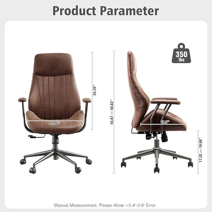 ovios Home Office Chair, Mid-Century Modern Faux Suede Leather Ergonomic Chairs, High Back Comfy Computer Swivel Rolling Task Executive Armchair, Dark Brown