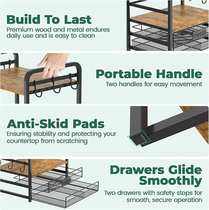 EsLuker.ly Coffee Bar Organizer Station Shelf Mug Holder for Countertop, 4 Tier Mug Holder Stand with 12 Hooks, K Cup Pod Drawer