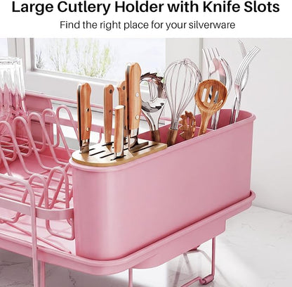 SNTD Dish Drying Rack - Large Dish Racks for Kitchen Counter, Expandable Dish Drainers with Cutlery Holder Stainless Steel Rustproof (Pink)