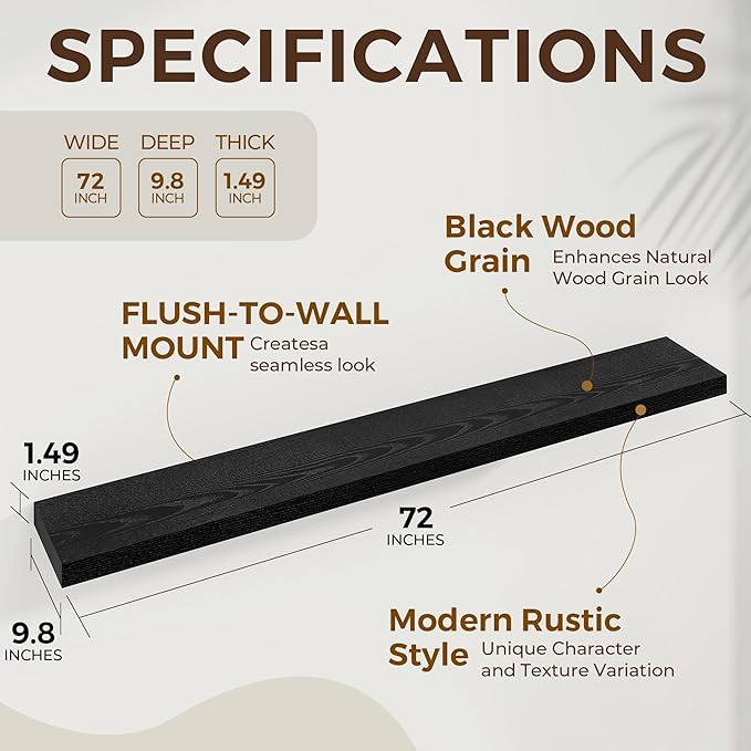 Dreamland 72 Inches Floating Shelves for Wall, 9.8" Deep Long Floating Shelves Set of 1, Large Display & Storage Shelf, Wall Shelf for Bathroom Bedroom Living Room Kitchen Office, Black