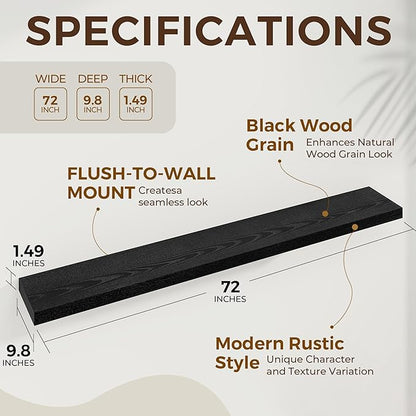 Dreamland 72 Inches Floating Shelves for Wall, 9.8" Deep Long Floating Shelves Set of 1, Large Display & Storage Shelf, Wall Shelf for Bathroom Bedroom Living Room Kitchen Office, Black