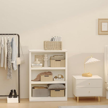 blini 3-Shelf Bookcase White Wooden Bookshelves 33in Wide Floor Standing Display Storage Book Shelves Tall Bookcase for Home Office, Living Room, Bedroom