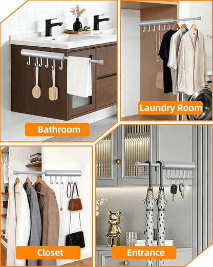 12 inch Valet Rod for Closets Pull Out, Closet Rods Extenders for Hanging Clothes Telescoping Adjustable With 6 Hooks (Silver, 12 Inch-1 Pack)