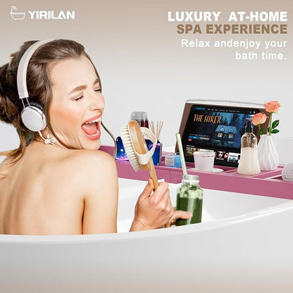 Foldable Bathtub Caddy, Expandable Bath Caddy Tray, Unique House Warming Gifts, New Home, Anniversary and Wedding Gifts for Couple, Pink